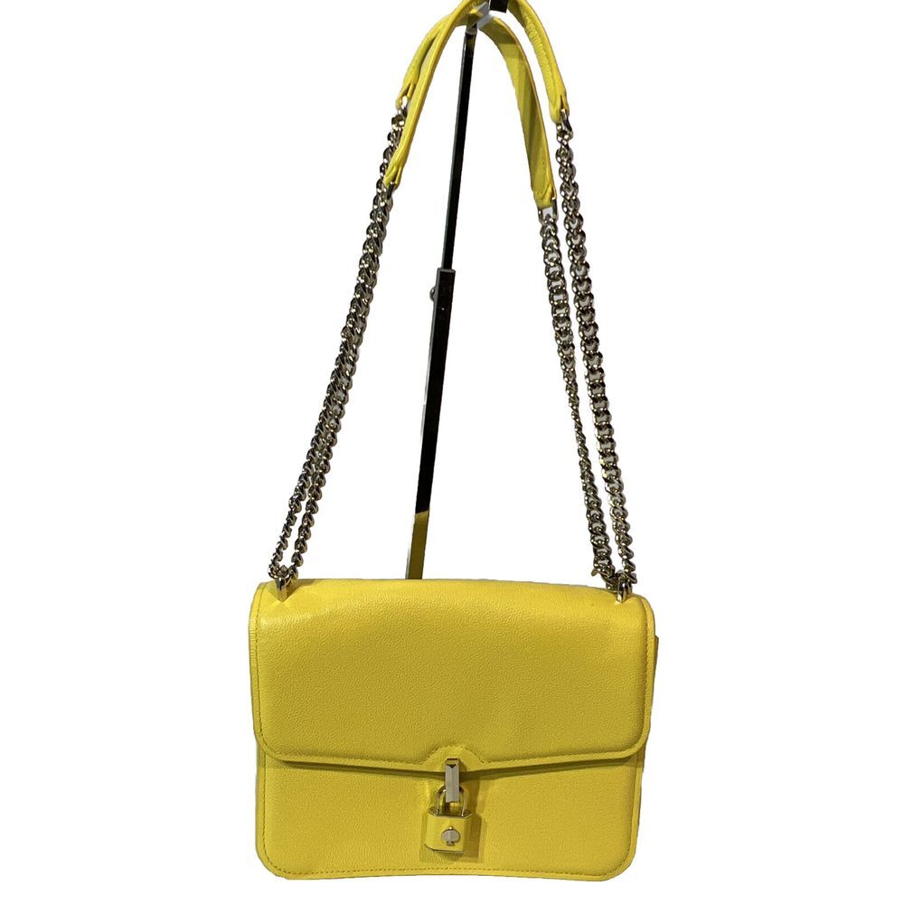 KATE SPADE Yellow Locket Lock Chain Pebble Leather Large Flap Shoulder Purse Bag